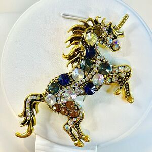 Pin Unicorn or Pendant For Necklace Rhinestones Blue Green & Crystal 3 3/8” Long